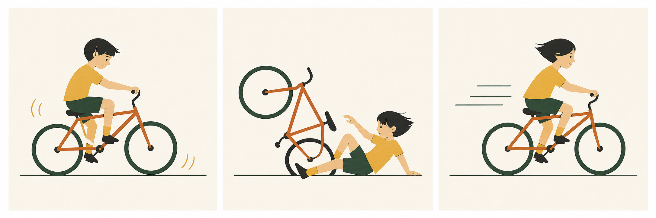 Bicycle triptych illustrating the learning curve of AI adoption