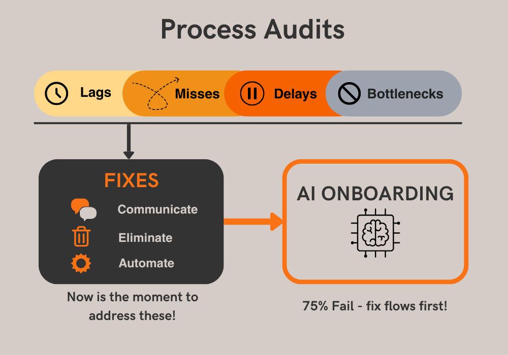 Process audit graphic showing lags, misses, delays, fixes, and AI onboarding