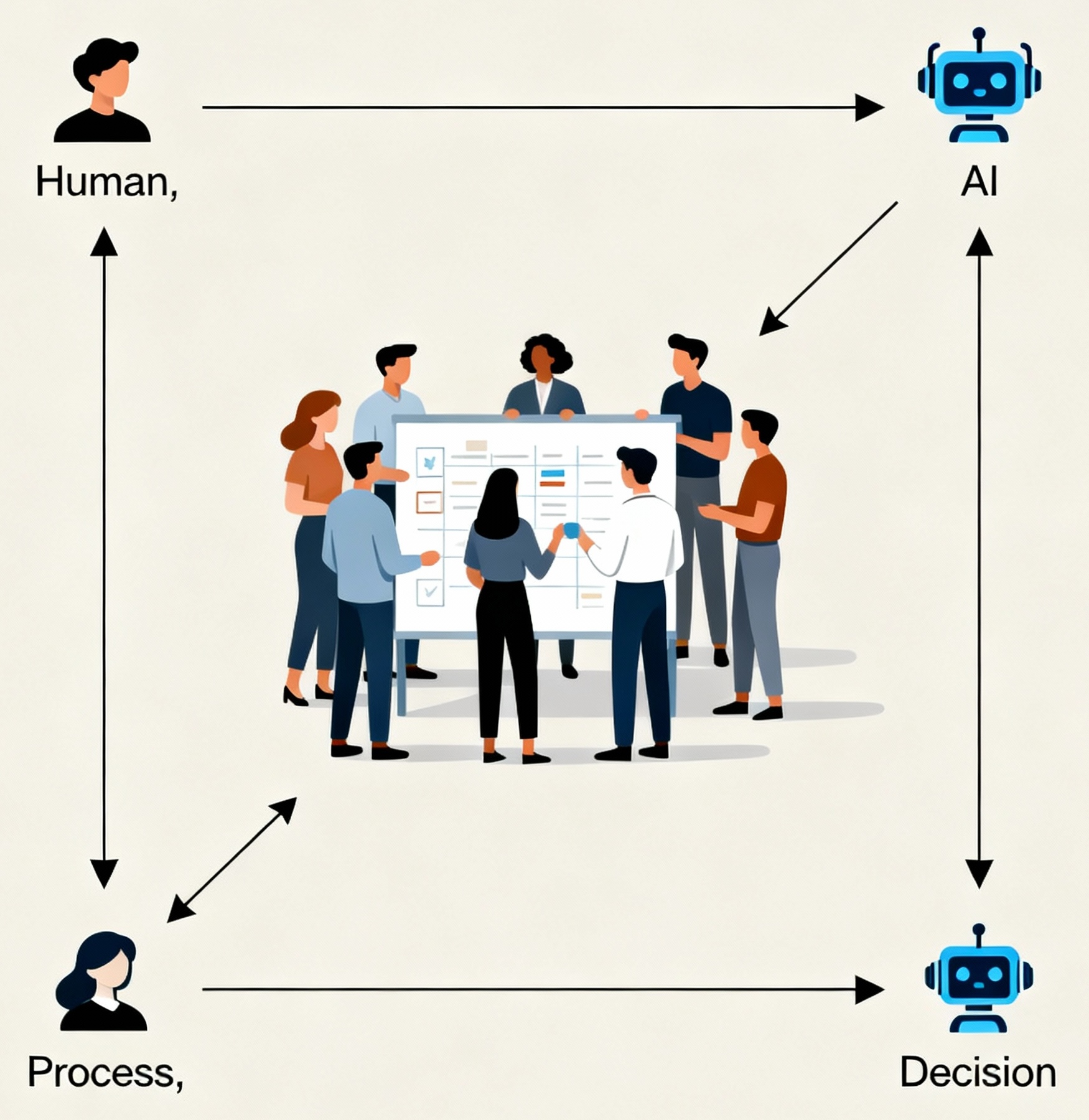 Editorial graphic illustrating human handoffs, process improvement, and AI collaboration
